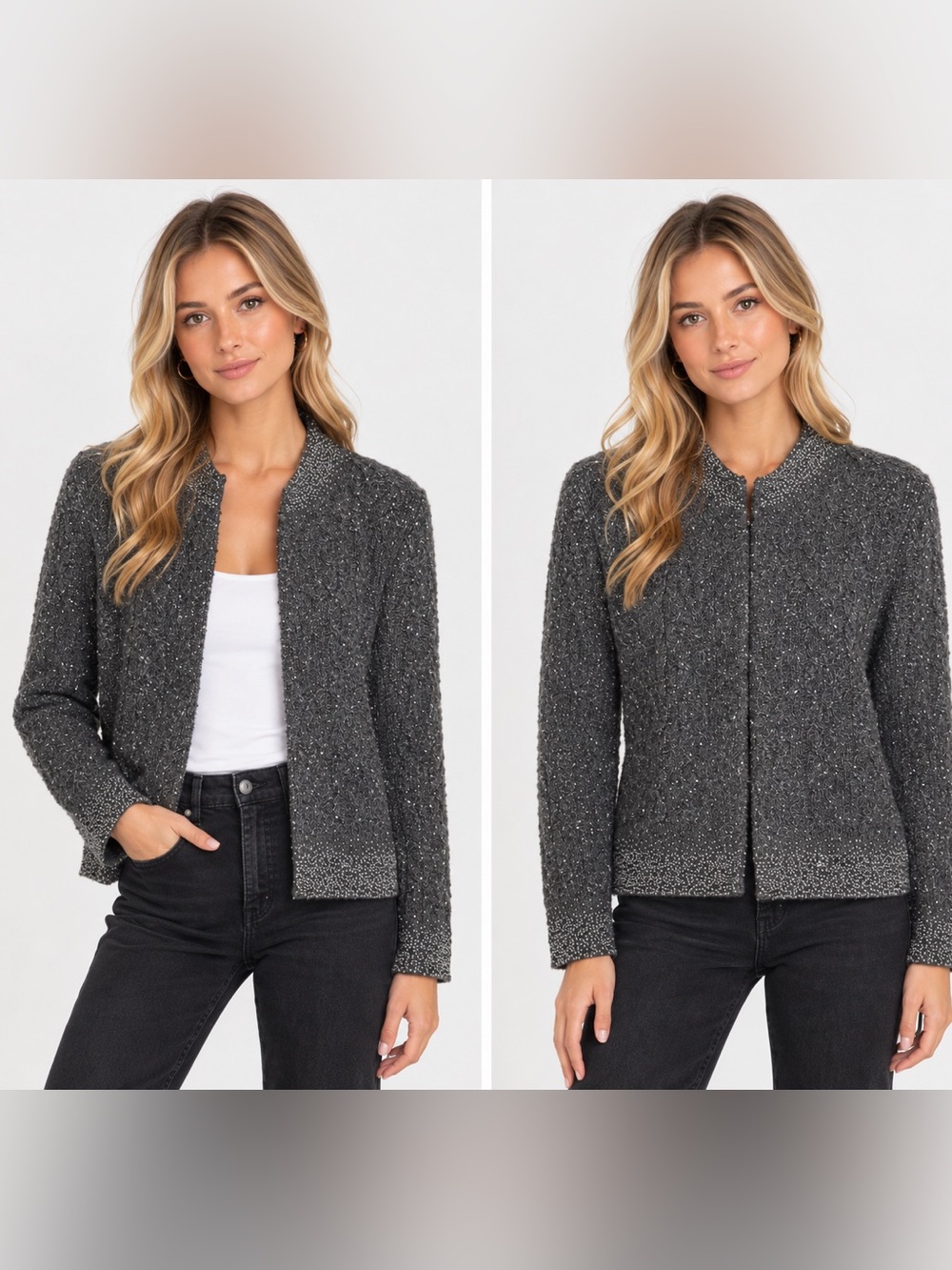 J.CREW beaded wool angora cashmere sweater cardigan with hidden hooks M silver